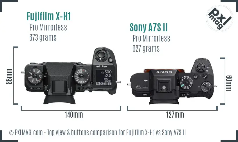 Fujifilm X-H1 vs Sony A7S II top view buttons comparison