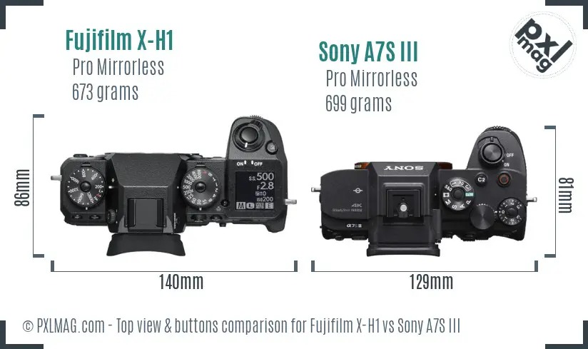 Fujifilm X-H1 vs Sony A7S III top view buttons comparison