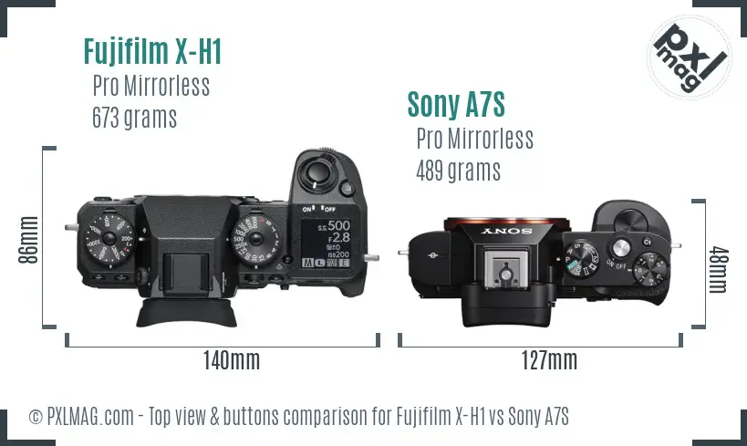 Fujifilm X-H1 vs Sony A7S top view buttons comparison