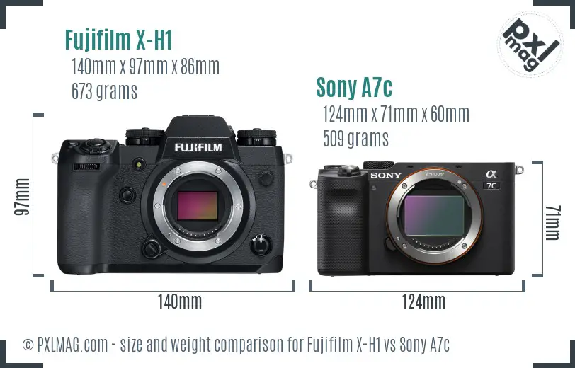 Fujifilm X-H1 vs Sony A7c size comparison
