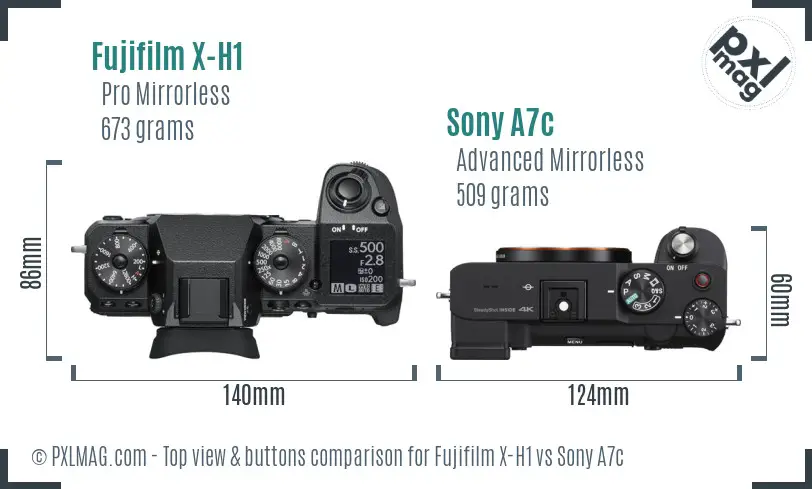 Fujifilm X-H1 vs Sony A7c top view buttons comparison