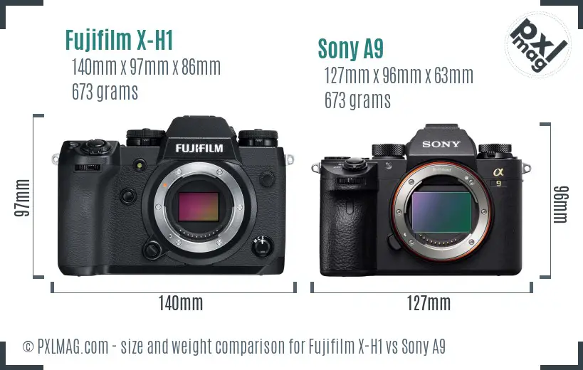 Fujifilm X-H1 vs Sony A9 size comparison