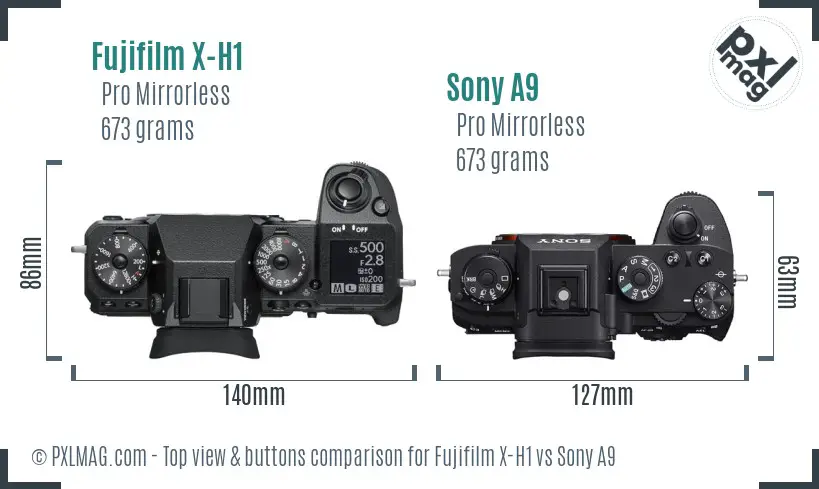 Fujifilm X-H1 vs Sony A9 top view buttons comparison