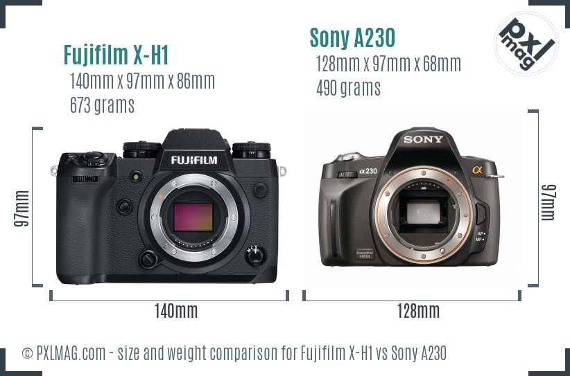 Fujifilm X-H1 vs Sony A230 size comparison