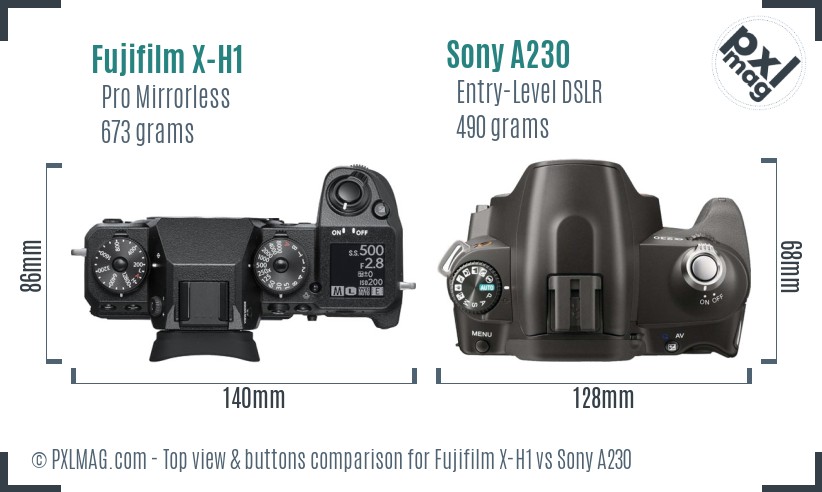 Fujifilm X-H1 vs Sony A230 top view buttons comparison