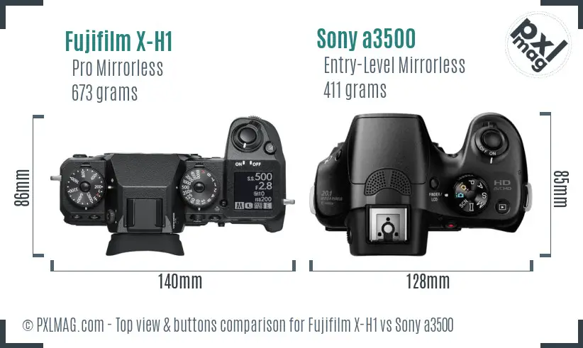 Fujifilm X-H1 vs Sony a3500 top view buttons comparison
