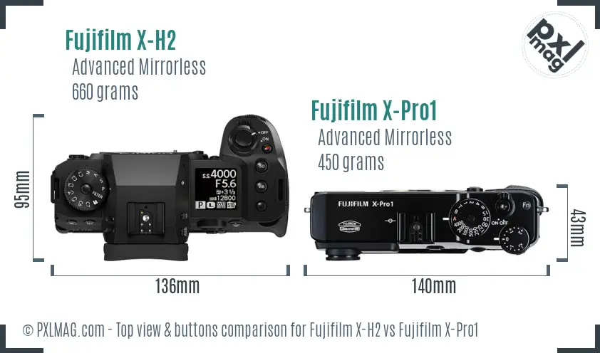 Fujifilm X-H2 vs Fujifilm X-Pro1 top view buttons comparison