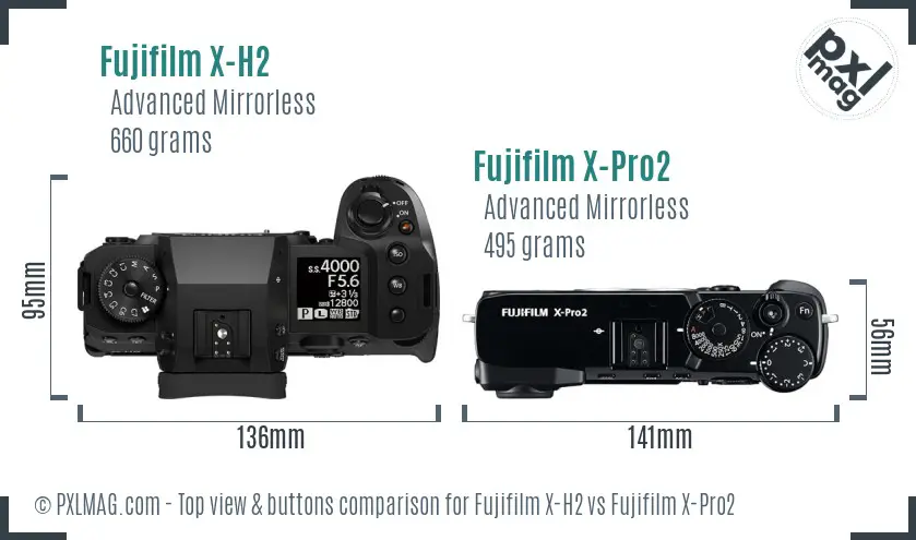 Fujifilm X-H2 vs Fujifilm X-Pro2 top view buttons comparison