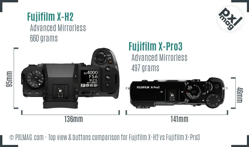 Fujifilm X-H2 vs Fujifilm X-Pro3 top view buttons comparison