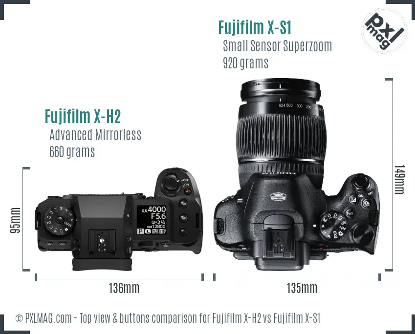 Fujifilm X-H2 vs Fujifilm X-S1 top view buttons comparison Fujifilm X-H2 vs Fujifilm X-S1 top view buttons comparison