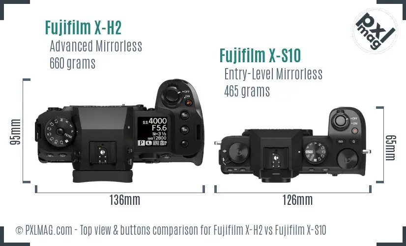 Fujifilm X-H2 vs Fujifilm X-S10 top view buttons comparison