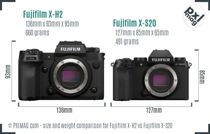 Fujifilm X-H2 vs Fujifilm X-S20 size comparison