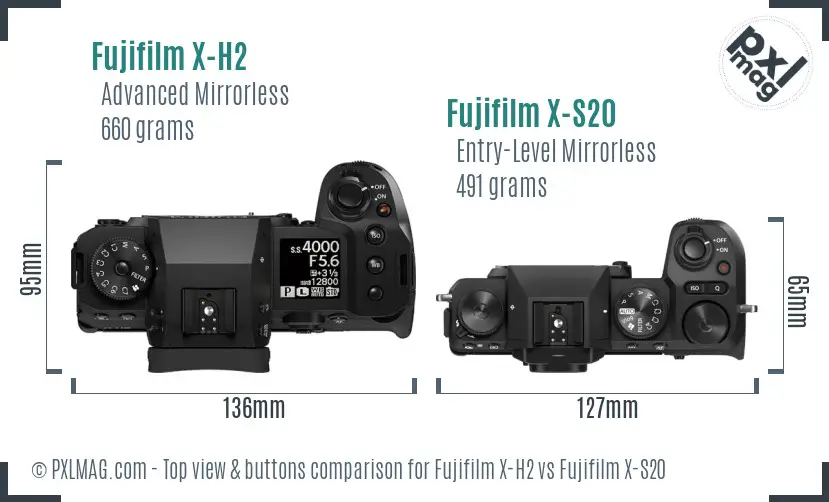 Fujifilm X-H2 vs Fujifilm X-S20 top view buttons comparison