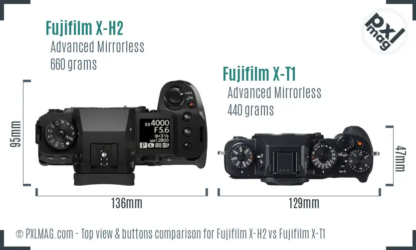 Fujifilm X-H2 vs Fujifilm X-T1 top view buttons comparison