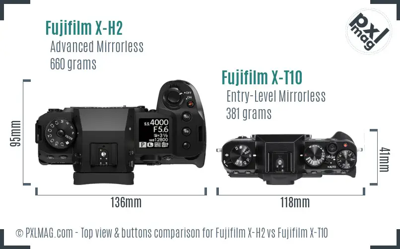 Fujifilm X-H2 vs Fujifilm X-T10 top view buttons comparison