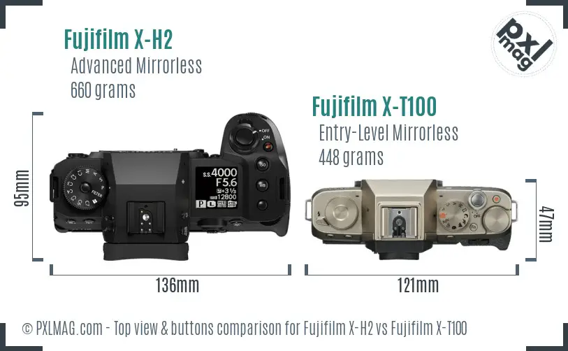 Fujifilm X-H2 vs Fujifilm X-T100 top view buttons comparison