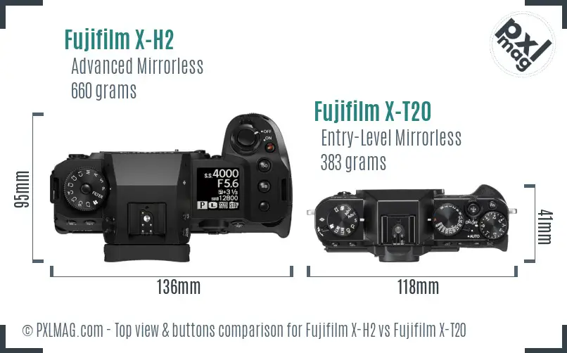 Fujifilm X-H2 vs Fujifilm X-T20 top view buttons comparison