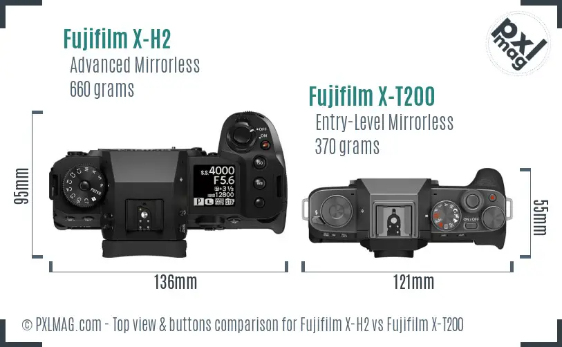 Fujifilm X-H2 vs Fujifilm X-T200 top view buttons comparison