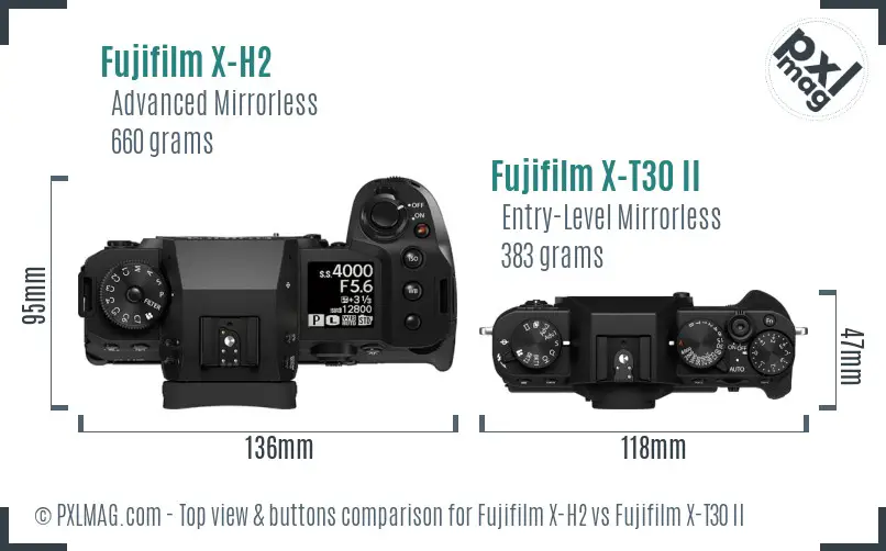 Fujifilm X-H2 vs Fujifilm X-T30 II top view buttons comparison