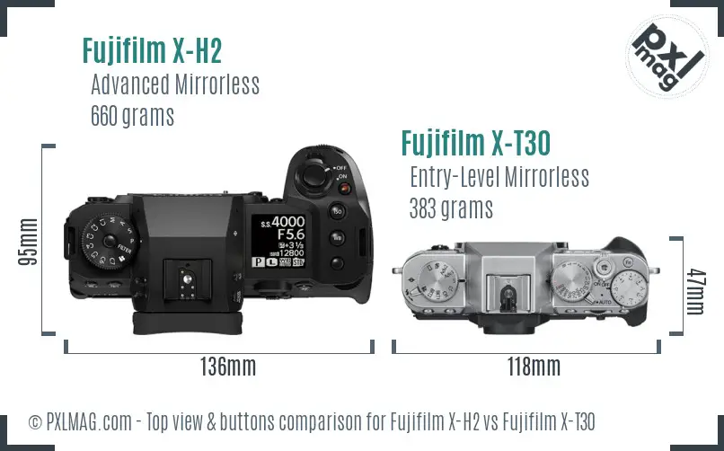Fujifilm X-H2 vs Fujifilm X-T30 top view buttons comparison