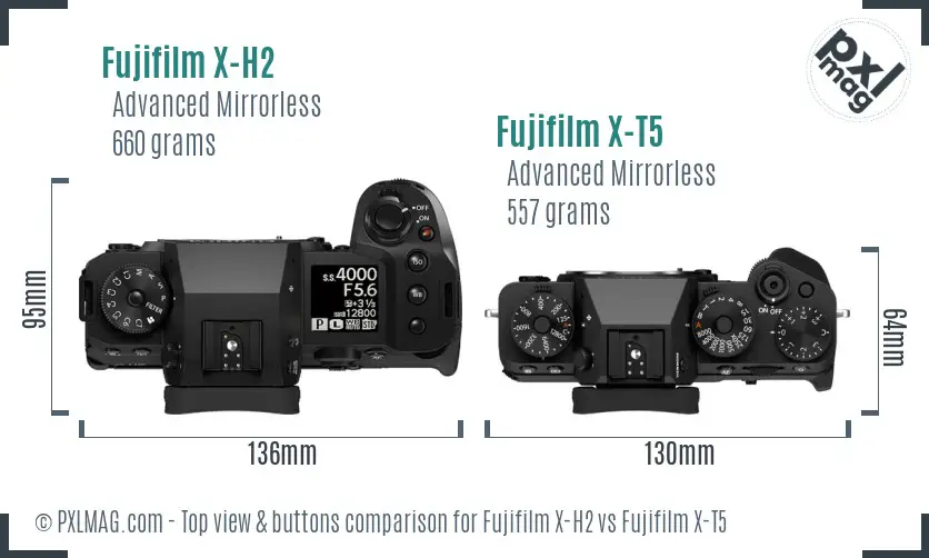 Fujifilm X-H2 vs Fujifilm X-T5 top view buttons comparison