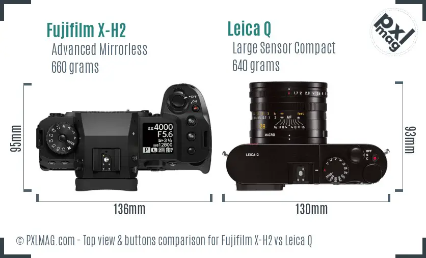 Fujifilm X-H2 vs Leica Q top view buttons comparison Fujifilm X-H2 vs Leica Q top view buttons comparison