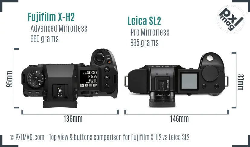 Fujifilm X-H2 vs Leica SL2 top view buttons comparison Fujifilm X-H2 vs Leica SL2 top view buttons comparison