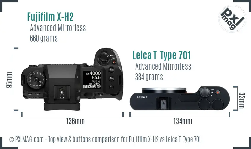 Fujifilm X-H2 vs Leica T  Type 701 top view buttons comparison