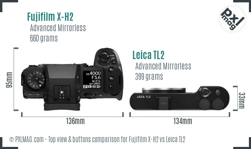 Fujifilm X-H2 vs Leica TL2 top view buttons comparison