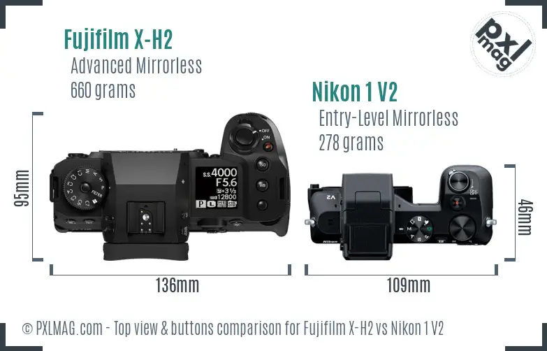 Fujifilm X-H2 vs Nikon 1 V2 top view buttons comparison