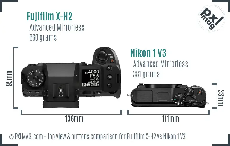 Fujifilm X-H2 vs Nikon 1 V3 top view buttons comparison