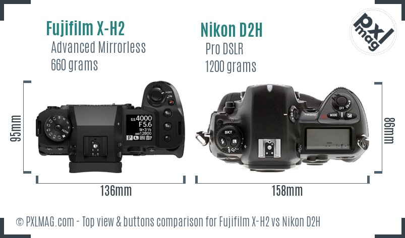 Fujifilm X-H2 vs Nikon D2H top view buttons comparison