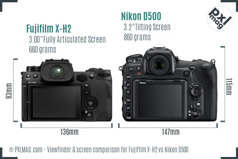 Fujifilm X-H2 vs Nikon D500 Screen and Viewfinder comparison Fujifilm X-H2 vs Nikon D500 Screen and Viewfinder comparison