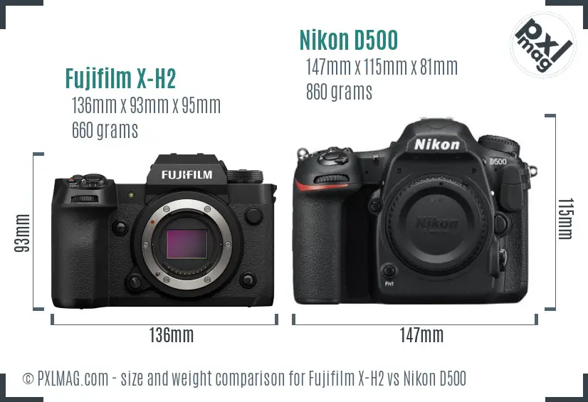 Fujifilm X-H2 vs Nikon D500 size comparison Fujifilm X-H2 vs Nikon D500 size comparison