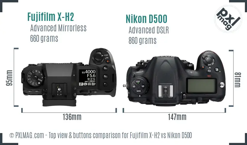 Fujifilm X-H2 vs Nikon D500 top view buttons comparison Fujifilm X-H2 vs Nikon D500 top view buttons comparison