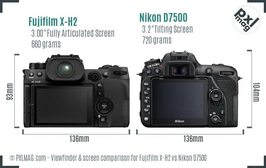 Fujifilm X-H2 vs Nikon D7500 Screen and Viewfinder comparison