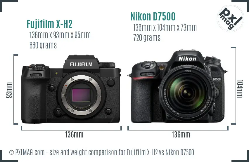 Fujifilm X-H2 vs Nikon D7500 size comparison