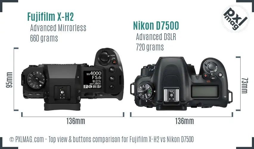 Fujifilm X-H2 vs Nikon D7500 top view buttons comparison