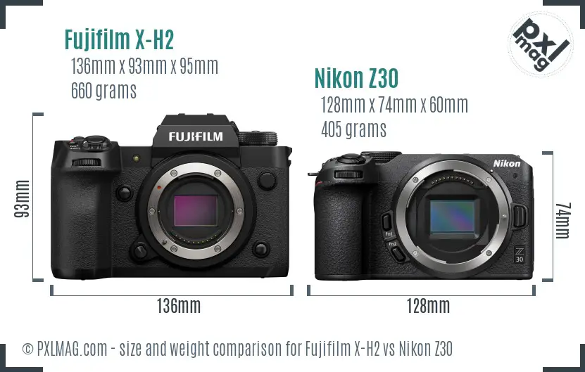 Fujifilm X-H2 vs Nikon Z30 size comparison