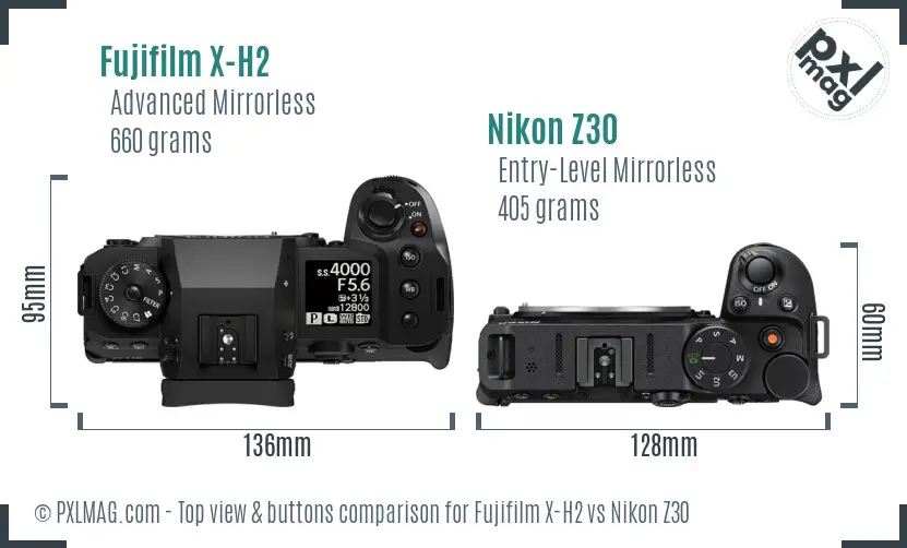 Fujifilm X-H2 vs Nikon Z30 top view buttons comparison