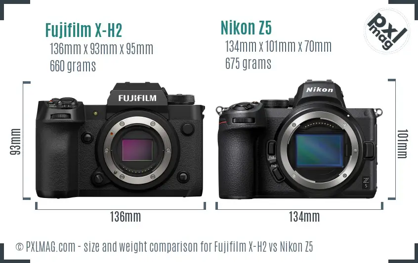 Fujifilm X-H2 vs Nikon Z5 size comparison