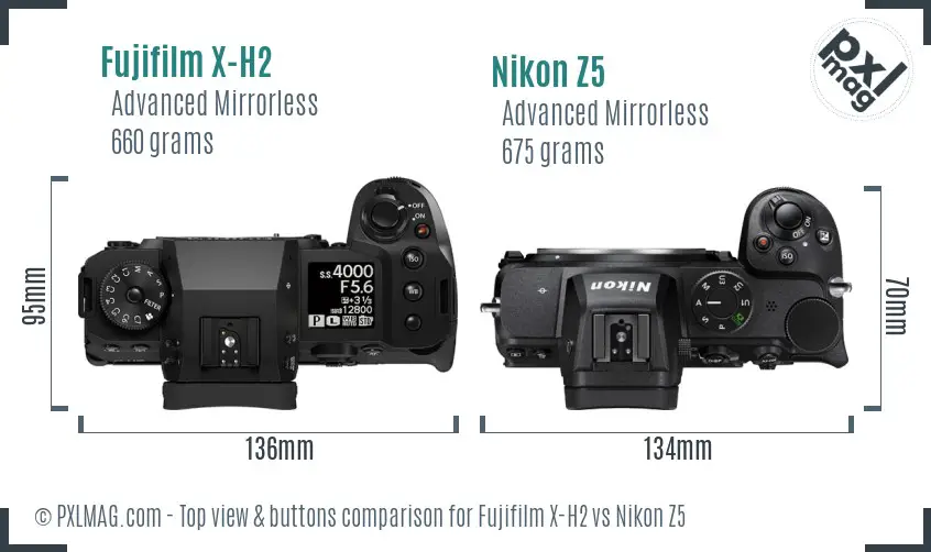 Fujifilm X-H2 vs Nikon Z5 top view buttons comparison