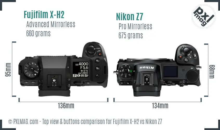 Fujifilm X-H2 vs Nikon Z7 top view buttons comparison