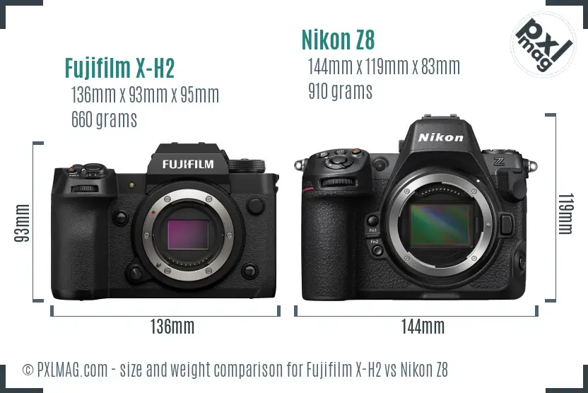 Fujifilm X-H2 vs Nikon Z8 size comparison Fujifilm X-H2 vs Nikon Z8 size comparison