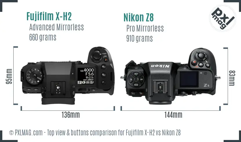 Fujifilm X-H2 vs Nikon Z8 top view buttons comparison Fujifilm X-H2 vs Nikon Z8 top view buttons comparison