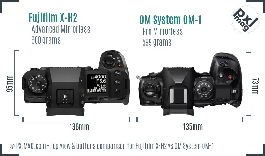 Fujifilm X-H2 vs OM System OM-1 top view buttons comparison