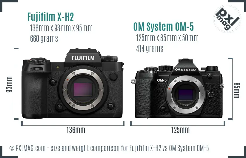 Fujifilm X-H2 vs OM System OM-5 size comparison