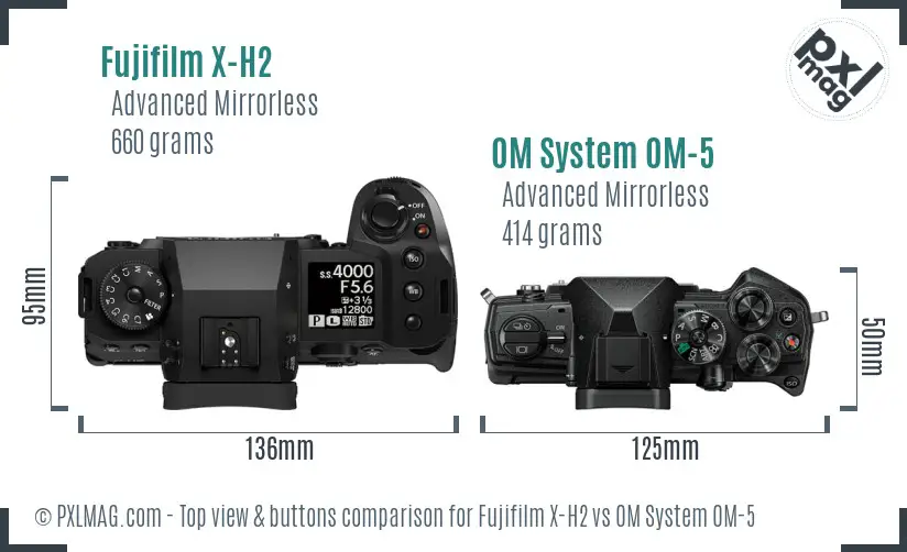 Fujifilm X-H2 vs OM System OM-5 top view buttons comparison