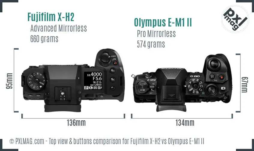 Fujifilm X-H2 vs Olympus E-M1 II top view buttons comparison