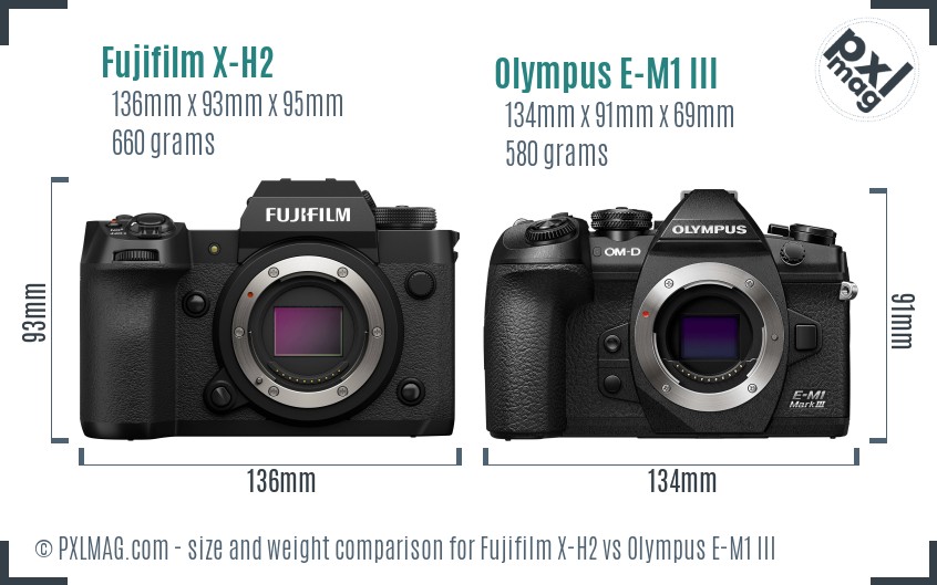 Fujifilm X-H2 vs Olympus E-M1 III size comparison
